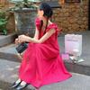 Pausa para o Chá Estilo Francês Retrô Vermelho Rosa Gola Quadrada Vestido com Orelhas Feminino Nicho Estilo Férias na Beira-Mar Elegante Saia Longa