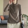 Camiseta Base de Manga Longa Cor Sólida Veludo Alemão Lixado Dupla Face Primavera e Outono com Gola Alta de Renda com Orelhas Top Solto