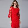 Vestido de noite vermelho plus size estilo francês socialite festa solúvel em água sexy oco midi renda vestido