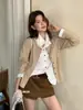 Chá verde limão outono estilo coreano chic preguiçoso visual emagrecedor conjunto de duas peças com gola lapela e mangas compridas para mulheres 11327