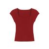 Camiseta Vermelha de Manga Curta com Decote Quadrado para Mulheres, Novo Estilo de Verão, Ombro Regular, Justa, Garota Apimentada, Curta, Ajustada, Blusa Básica