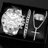 Conjunto de 4 Peças de Relógio Masculino Transfronteiriço High-End Mostrador Grande Relógio de Pulso a Quartzo Masculino de Negócios Conjunto de Anel Pulseira Colar