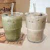 Taza de Vidrio de Bambú con Rayas Verticales Ins con Tapa y Taza con Popote, Taza para Café Americano Helado, Taza para Bebidas Frías del Hogar, Taza Popular para Cold Brew