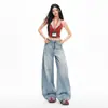 Diseño Relajado y Casual, Pantalones Anchos Desgastados, Pantalones de Mezclilla de Marca de Moda de Corte Holgado con Caída, Pantalones Largos para Mujer Color Azul Claro