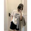 Camiseta de Algodón Puro con Estampado de Dibujos Animados de Línea Azul Simple para Mujer, Top de Verano con Cuello Redondo Estilo Commuter, Ropa Interior Casual, Mangas Cortas Versátiles