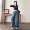 Tiro real 2026 principios de otoño nuevo estilo pantalones de mezclilla azul banana cimitarra bolsillo suelto pierna cónica cimitarra pierna ancha pantalones largos
