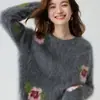 Tricô Puro Caxemira Feminino Macio Fofo Estilo Preguiçoso Textura Escovada Jacquard Floral Estilo Suave Suéter Engrossado Inverno Branco