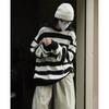 Nova Sweatshirt de Outono Estilo Coreano Casual Esportivo Listras Contrastantes Gola Redonda Silhueta Solta Casual Slimming Look Top para Mulheres