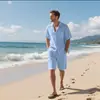 2026 Verano Transfronterizo para Hombre Lino Color Sólido Cuello de Solapa Botón Casual Transpirable Manga Corta Camisa Traje de Playa