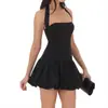 Vestido de burbujas negro con tiras estilo europeo y americano LUCYINTH, cuello halter, sin espalda, vestido botón sexy, corte ajustado para mujer