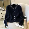 Nuevo cárdigan de punto redondo con pedrería estilo francés para otoño, inspirado en Chanel, para mujeres petite, blanco