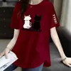 Desembaraço de E-commerce Transfronteiriço Marca Grande Etiqueta Cortada Camiseta Branca de Manga Curta para Mães de Meia-idade e Idosos Design Americano de Nicho Senso de Design Tamanho Plus