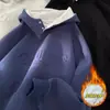 Sudadera con Capucha de Color Azul Marino, Botones, Cuello Semi Alto para Hombres y Mujeres, Otoño e Invierno, Forrada de Polar, Engrosada, Estilo Americano, Pesada, Rígida, Chaqueta Casual