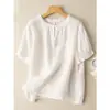 Camisa de Algodón y Lino de Manga Corta, Color Sólido, Adelgazante, Cuello Redondo, Estilo Retro Artístico Casual, Holgada, Talla Grande, Sudeste Asiático, Primavera y Verano