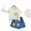 Conjunto de Verano para Niñas 2026 Nuevo Estilo Coreano Moda Camiseta Floral a la Moda y Falda de Mezclilla Conjunto de Dos Piezas