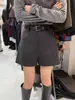 Shorts de terno em mistura de lã cinza, calça feminina boot-cut outono/inverno, calça pantalona de cintura alta em linha A moderna, calça casual para mulheres baixinhas