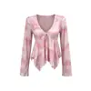 Amazon 2026 Verão Nova Roupa Feminina Europeia e Americana Sexy e Fashionável Malha Floral Decote V Amarração Manga Longa Top