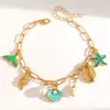Pulsera Estilo Resort de Playa de Verano con Elementos Marinos, Estrella de Mar de Colores, Cola de Pez, Concha, Cadena de Pulsera con Colgante de Perla