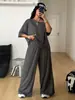 Conjunto de dos piezas 2026 transfronterizo de hombros descubiertos, corte holgado, manga corta, con un top relajado de hombros caídos y pantalones de pierna ancha de cintura alta con cordón, para un look casual