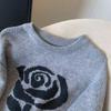 Suéter de Manga Larga Jacquard de Rosa con Bloques de Color para Mujer, Nuevo Estilo Vintage de Invierno, Top de Punto Holgado de Cuello Redondo