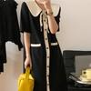 Talla Grande 150.00kg niña rellenita Cuello de Muñeca Manga Corta Vestido Negro Mujer Verano Longitud Media Adelgazante Francés Vestido de Línea A