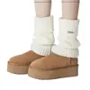 Polainas de punto con logo metálico estilo coreano, engrosadas con puntos gruesos y rayas verticales, calcetines decorativos para las piernas para botas de nieve