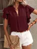 2025 Amazon europeo y americano transfronterizo ropa de mujer verano nuevo cuello en V casual doble capa manga de hoja de loto color liso blusa top