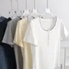 Camiseta de Manga Corta con Cuello Redondo y Hombro Normal, Lyocell Tencel de Alta Elasticidad, Suave y Fresca, para Mujer, Top de Verano Ajustado