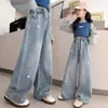 Jeans con Bordado de Corazón para Niñas Primavera 2026 Pantalones para Niños Adolescentes Estilo Coreano Sueltos de Pierna Ancha de Mezclilla para Niños Mayores