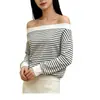 Top de punto a rayas de manga larga de un solo hombro estilo coreano perezoso para mujer, nuevo, primavera/otoño, puro deseo, chic, versátil, blanco