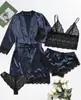 Conjunto de Pijama Fanlei Europeu e Americano para Mulheres 4 Peças Renda Camisola Pijama Conjunto de Verão Feminino com Robe e Camisola Atacado