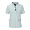 Ropa de trabajo de verano de manga corta para personal de limpieza de hotel femenino, conjunto de uniforme estilo chino para personal de ventas y limpieza de propiedades de hotel