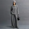 Pantalones Casuales de Cachemira para Mujer Otoño e Invierno Nuevo Estilo Retro Old Money Tejido de Punto Trenzado Color Sólido Sueltos Simples Versátiles Pierna Ancha