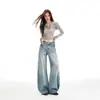 Jeans Rectos Lavados Estilo Americano Azul Claro para Mujer, Nuevo 2026 Cintura Baja Sueltos Adelgazantes Pierna Ancha Pantalones de Piso