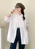 Camisa de algodón de color liso con manga larga, 2025, estilo artístico japonés, estética Mori girl, cuello mao, de un solo botón, corte holgado, top de longitud media para mujer