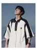 Camisa Polo de Bloques de Color Estilo Americano para Hombre, Verano Holgada, Camiseta de Manga Corta con Media Cremallera, Camisa Versátil Casual con Cuello de Solapa