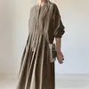 Vestido Midi Plissado de Manga Longa com Botões e Gola Redonda Transfronteiriço Japonês Coreano Vestido Camisa Básico Artístico Doce Outono Inverno Feminino