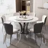 Mesa de jantar e cadeiras de luxo leve com tampo de pedra brilhante, conjunto de jantar moderno e minimalista em estilo italiano para uso doméstico, com bandeja giratória e tampo de mesa redondo de pedra