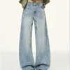 Jeans azul de perna larga para mulheres, outono de 2026, casual lavado, corte A, modelagem solta, calças retas versáteis retrô