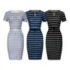 2026 Nuevo Vestido Bodycon de Manga Corta a Rayas con Cordón, Ajustado, de Bolsillo Doble, Casual para Mujer Europea y Americana