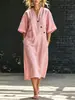 Vestido Largo Casual de Algodón y Lino con Cuello en V, Botones, Mangas Cortas y Bolsillos - Estilo Europeo y Americano Transfronterizo TikTok Primavera/Verano 2026