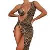 2027 Nuevo Bikini y Traje de Baño Europeo y Americano Estampado de Leopardo Cuello Halter Conjunto de Tres Piezas Malla Comercio Exterior Amazon Traje de Baño con Protección Solar para Mujeres