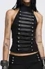 Top europeo y americano punk oscuro sin mangas de cuello halter, top corto sexy negro con múltiples correas de cuero y cierres de bola metálica