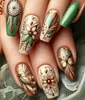 Modelo de Venda Quente para Comércio Exterior: Kit com 24 Unhas Postiças Longas Estilo Ballet, Penas, Flores e Borboletas, Verde Retrô, Filtro dos Sonhos, Atacado