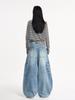 Roupas Femininas de Seda Laranja # Jeans Scimitar Azul Retrô Americano para Mulheres, Calças Cargo Wide-Leg Vintage Lavadas de Outono com Bolsos Grandes