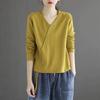 Camiseta Base Artística Retro con Cordón Ajustable Cuello en V Manga Larga para Chica Rellenita Otoño Nuevo Jersey Cubre Vientre Reductor de Edad Combinable