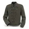 Jaqueta curta estilo militar com passantes horizontais, gola alta, lavagem desgastada, ombreiras decorativas e barra ajustável, projetada como uma peça de outer wear de trabalho.