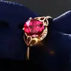 Anillo Corona de Rubí Estilo Coreano Anillo Brillante Color Fuego Chapado en Oro Rosa Pétalo Abierto Anillo de Diamante Rojo con Forma de Huevo