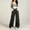Jeans de trabajo camuflaje lavado vintage en negro y gris de pierna ancha para mujer, forrados de polar, otoño e invierno, pantalones rectos adelgazantes para personas altas