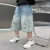 Shorts Jeans Verão Masculino Leve Grafite, Calça Cropped Reta Soltinha Tendência Cool para Crianças Maiores, Fashion e Casual